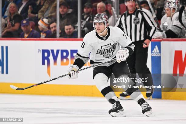 Alex Laferriere of the Los Angeles Kings skates during the third period against the Montreal Canadiens at the Bell Centre on December 7, 2023 in...