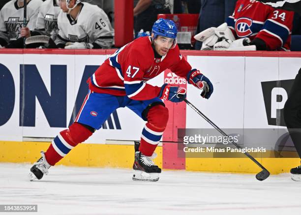 Jayden Struble of the Montreal Canadiens skates during the third period against the Los Angeles Kings at the Bell Centre on December 7, 2023 in...