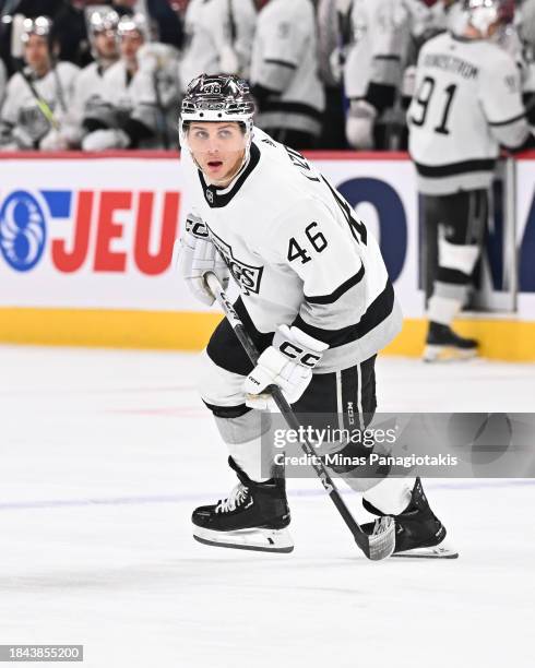 Blake Lizotte of the Los Angeles Kings skates during the third period against the Montreal Canadiens at the Bell Centre on December 7, 2023 in...