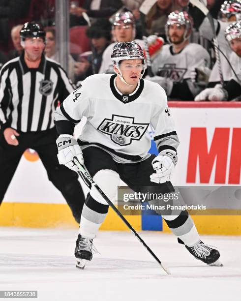 Mikey Anderson of the Los Angeles Kings skates during the third period against the Montreal Canadiens at the Bell Centre on December 7, 2023 in...