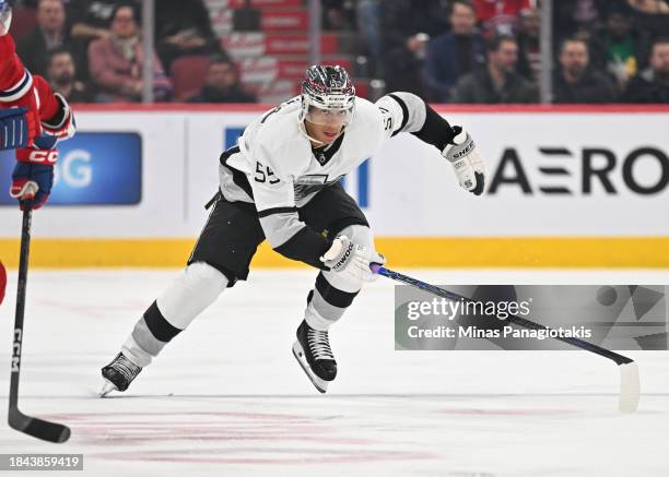 Quinton Byfield of the Los Angeles Kings skates during the third period against the Montreal Canadiens at the Bell Centre on December 7, 2023 in...