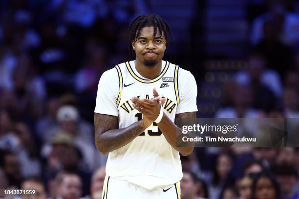 Hakim Hart of the Villanova Wildcats reacts after scoring during the first half against the UCLA Bruins at the Wells Fargo Center on December 09,...