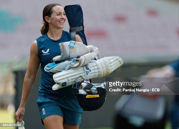 Kate Cross of England during a net session at DY Patil Stadium on December 13, 2023 in Navi Mumbai, India.