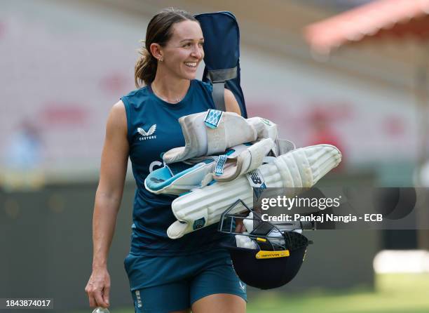 Kate Cross of England during a net session at DY Patil Stadium on December 13, 2023 in Navi Mumbai, India.