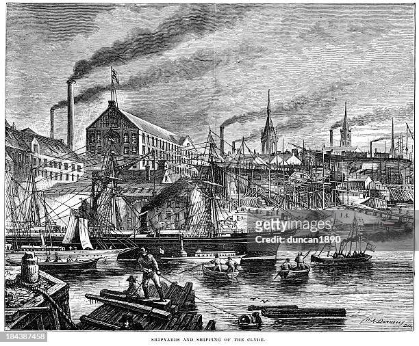 shipyards and shipping of the clyde - smoke stack stock illustrations