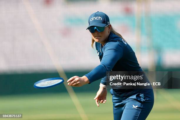 Sophie Ecclestone of England during a net session at DY Patil Stadium on December 13, 2023 in Navi Mumbai, India.