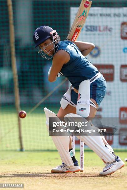 Kate Cross of England during a net session at DY Patil Stadium on December 13, 2023 in Navi Mumbai, India.