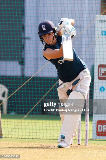 Kate Cross of England during a net session at DY Patil Stadium on December 13, 2023 in Navi Mumbai, India.