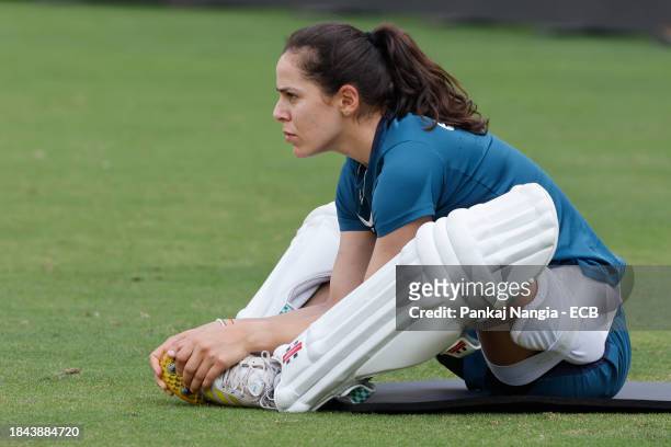 Maia Bouchier of England during a net session at DY Patil Stadium on December 13, 2023 in Navi Mumbai, India.