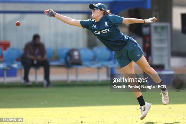 Nat Sciver-Brunt of England during a net session at DY Patil Stadium on December 13, 2023 in Navi Mumbai, India.