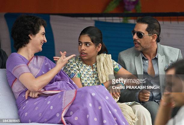 Priyanka Gandhi Vadra , the daughter of Indian Congress Party president and chairperson of the United Progressive Alliance Sonia Gandhi, interacts...