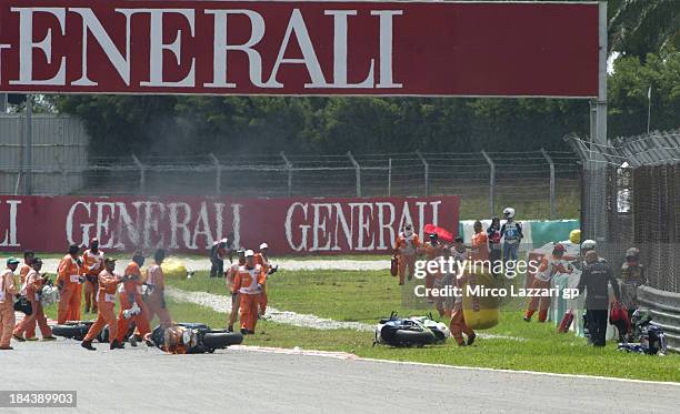 The Moto2 riders crashed out during the first part of the Moto2 race during the MotoGP Of Malaysia - Race at Sepang Circuit on October 13, 2013 in...