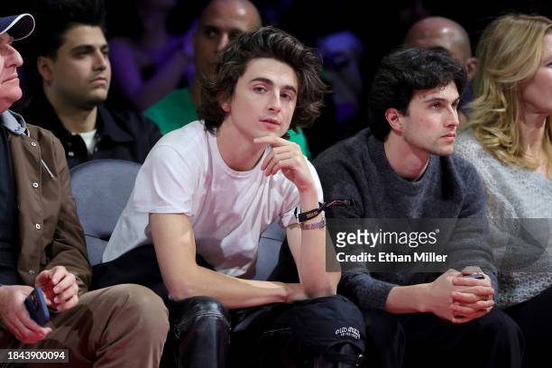 Actor Timothée Chalamet looks on during the second quarter of the championship game between the Indiana Pacers and the Los Angeles Lakers in the...