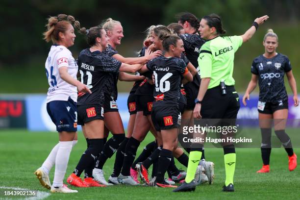 Phoenix players celebrate the goal of Kate Taylor during the A-League Women round seven match between Wellington Phoenix and Melbourne Victory at...
