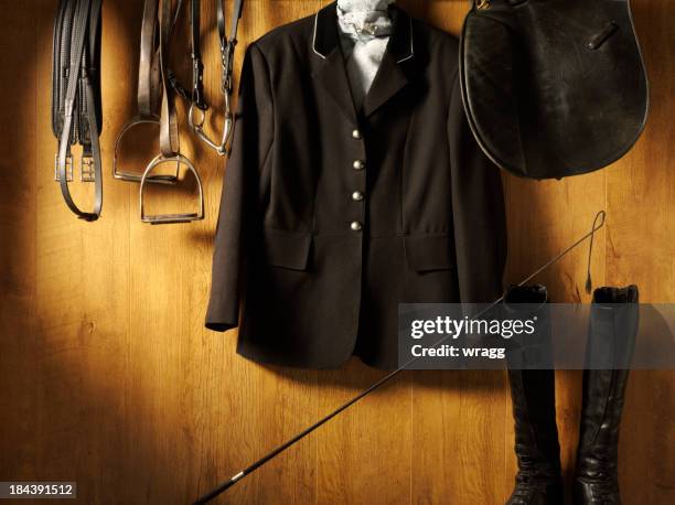 riding clothes and equine equipment - paardrijbenodigdheden stockfoto's en -beelden