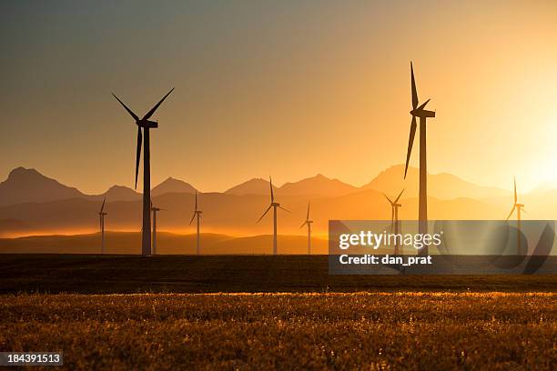 wind turbines at sunset - alberta mountains stock pictures, royalty-free photos & images