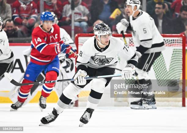 Alex Laferriere of the Los Angeles Kings skates during the first period against the Montreal Canadiens at the Bell Centre on December 7, 2023 in...