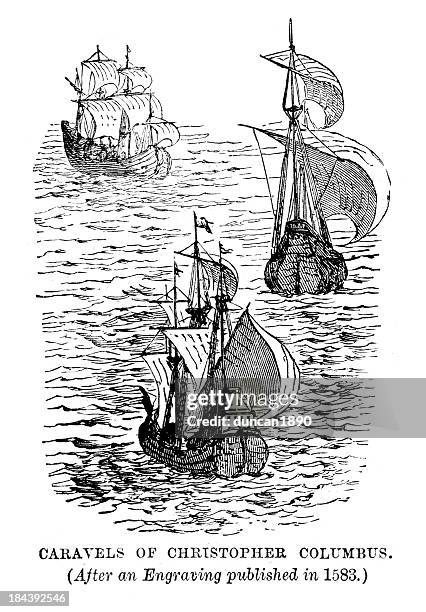 caravels of christoher columbus - replica santa maria ship stock illustrations