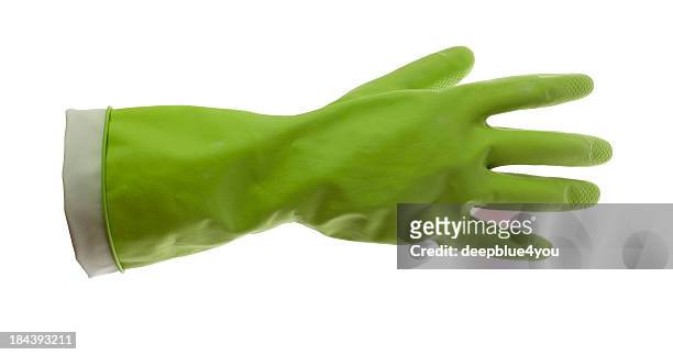 grüner gummi-handschuhe auf weiß - grüner handschuh stock-fotos und bilder