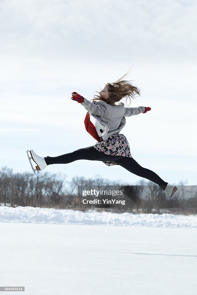 Winter Skater Practising on Outdoor Ice Rink