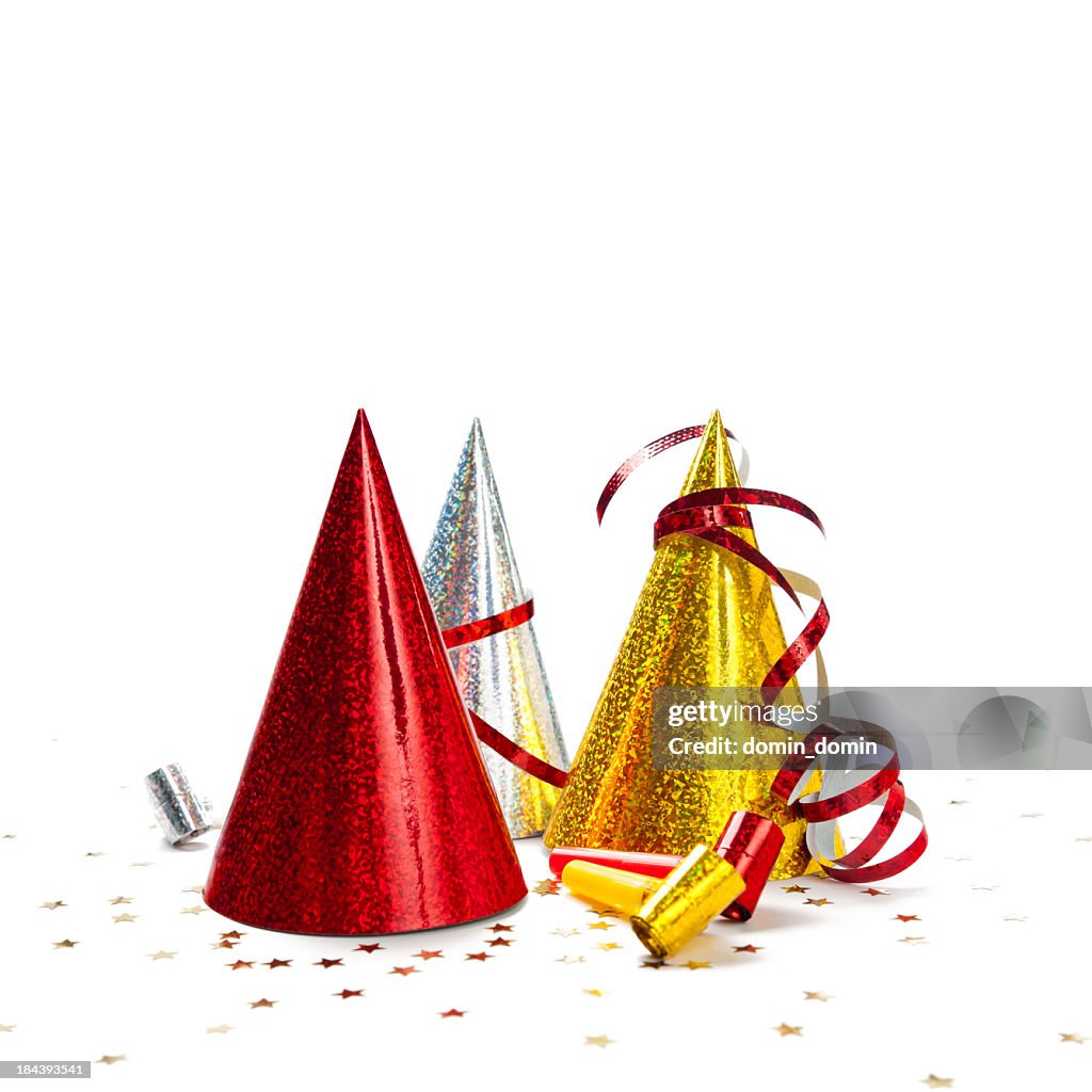 Multicoloured Party Hats isolated on white background, studio shot