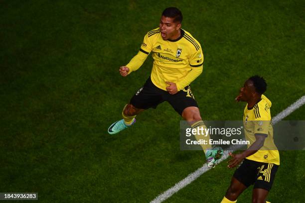 Cucho Hernández of Columbus Crew celebrates after scoring a goal during the first half against the Los Angeles FC in the 2023 MLS Cup at Lower.com...