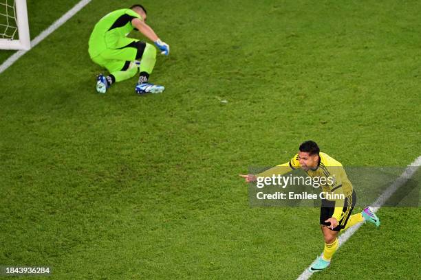 Cucho Hernández of Columbus Crew celebrates after scoring a goal during the first half against the Los Angeles FC in the 2023 MLS Cup at Lower.com...