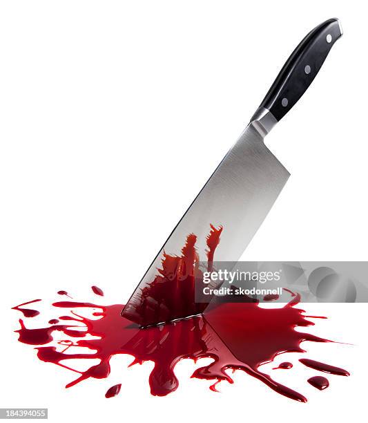 bloody butcher knife on white - snijden stockfoto's en -beelden