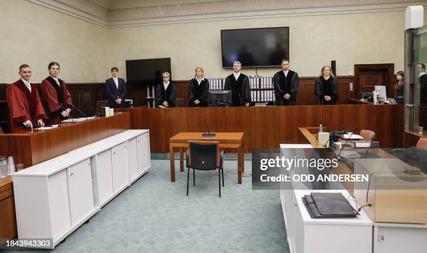 General view of the courtroom with prosecutors Lars Malskies and Cai Rueffer and the judges at the start of the trial of the defendants Carsten L....