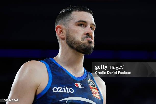 Chris Goulding of United reacts on the half time buzzer during the round 10 NBL match between Melbourne United and Brisbane Bullets at John Cain...