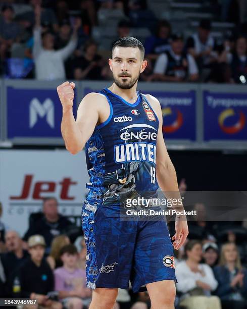 Chris Goulding of United celebrates during the round 10 NBL match between Melbourne United and Brisbane Bullets at John Cain Arena, on December 10 in...