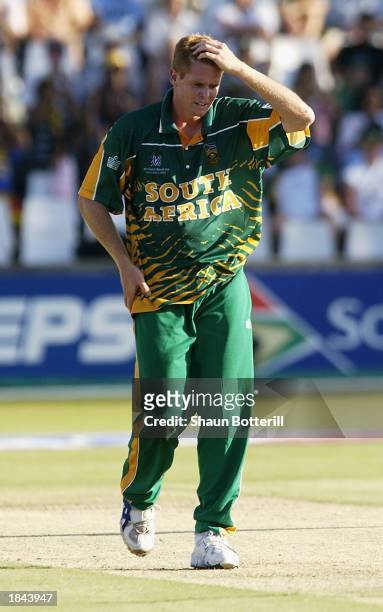 Shaun Pollock of South Africa holds his head in frustration during the ICC Cricket World Cup 2003 Pool B match between South Africa and Sri Lanka...