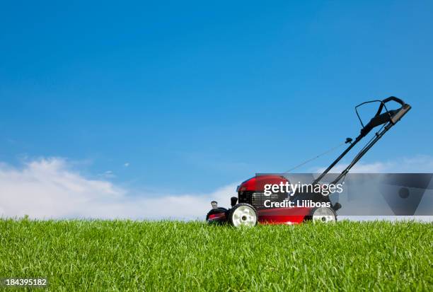 lawn mower in the grass - gräsklippning bildbanksfoton och bilder