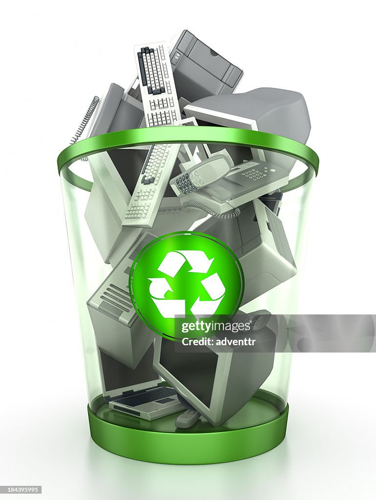 Recycling bin containing computer components