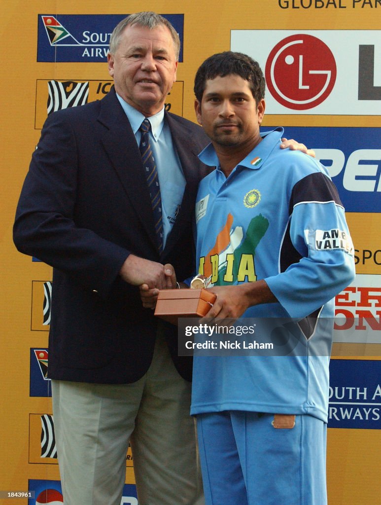Mike Procter presents the 'man of the match' award to Sachin Tendulkar of India