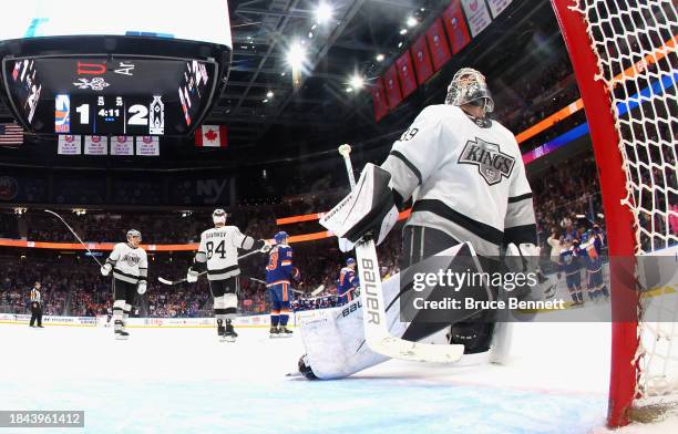 Cam Talbot of the Los Angeles Kings reacts after giving up the game-tying goal to Anders Lee of the New York Islanders at UBS Arena on December 09,...