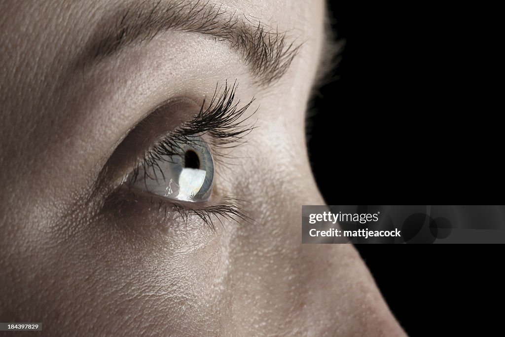 Closeup side view of a woman's blue eye on black background.