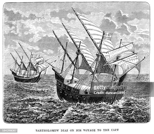 bartolomeu dias on his voyage to the cape - caravel stock illustrations