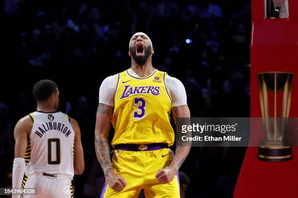 Anthony Davis of the Los Angeles Lakers celebrates a basket against the Indiana Pacers during the fourth quarter in the championship game of the...