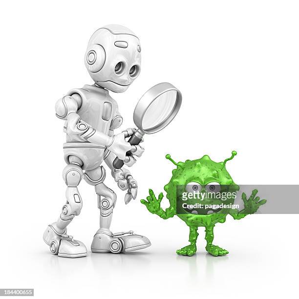 robot searching bacterium - ugly cartoon characters stock pictures, royalty-free photos & images