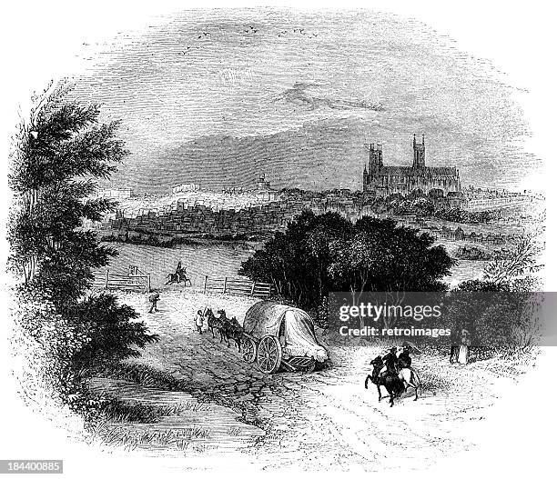 lincoln cathedral from the south (engraved illustration) - canterbury england stock illustrations