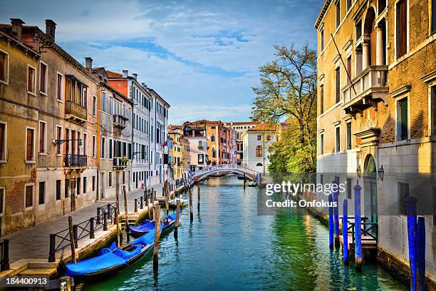 canal grande venedig mit gondeln an einem sonnigen tag, italien - venedig gondel stock-fotos und bilder