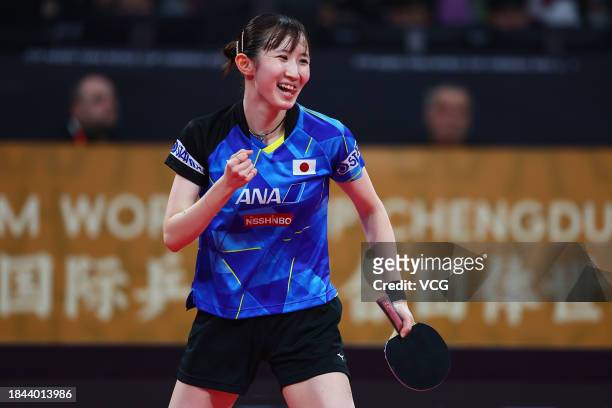 Hina Hayata of Japan reacts against Wang Manyu of China on day 6 of the ITTF Mixed Team World Cup Chengdu 2023 at Sichuan Gymnasium on December 9,...