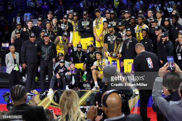The Los Angeles Lakers celebrates after winning the championship game against the Indiana Pacers in the inaugural NBA In-Season Tournament at...