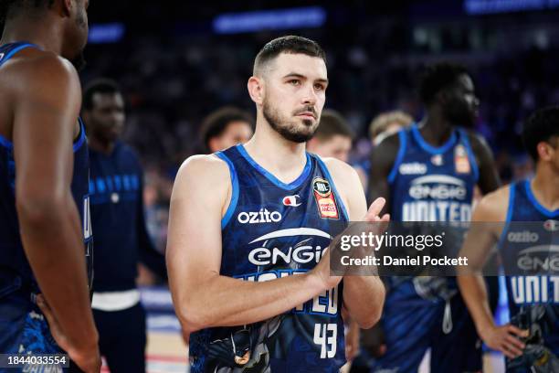 Chris Goulding of United celebrates winning the round 10 NBL match between Melbourne United and Brisbane Bullets at John Cain Arena, on December 10...