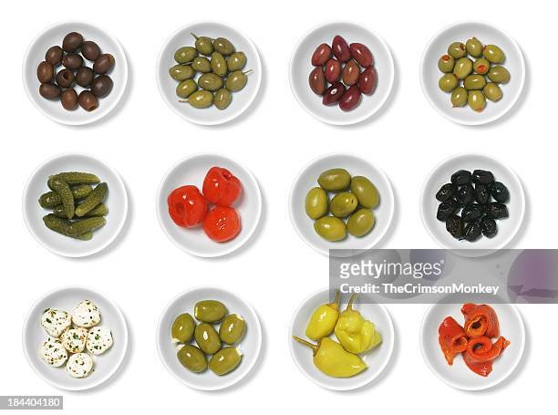 olives and antipasto - olive pimento stock pictures, royalty-free photos & images