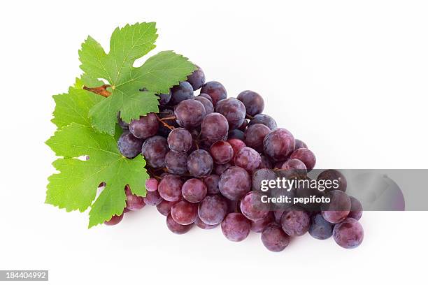 red grape with leaves on a white background - red grape stockfoto's en -beelden