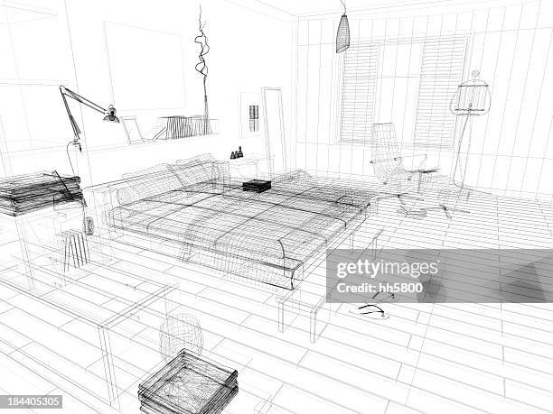 abstract architecture wire frame blueprint bedroom 1 - bedroom sketch stock pictures, royalty-free photos & images