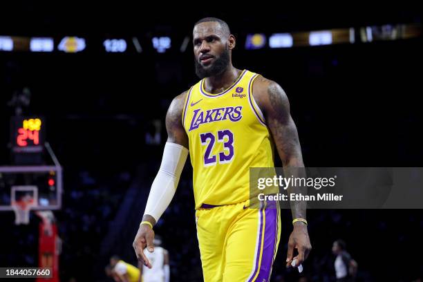 LeBron James of the Los Angeles Lakers reacts against the Indiana Pacers during the fourth quarter in the championship game of the inaugural NBA...