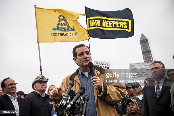 Sen. Ted Cruz speaks at a rally supported by military veterans, Tea Party activists and Republicans, regarding the government shutdown on October 13,...